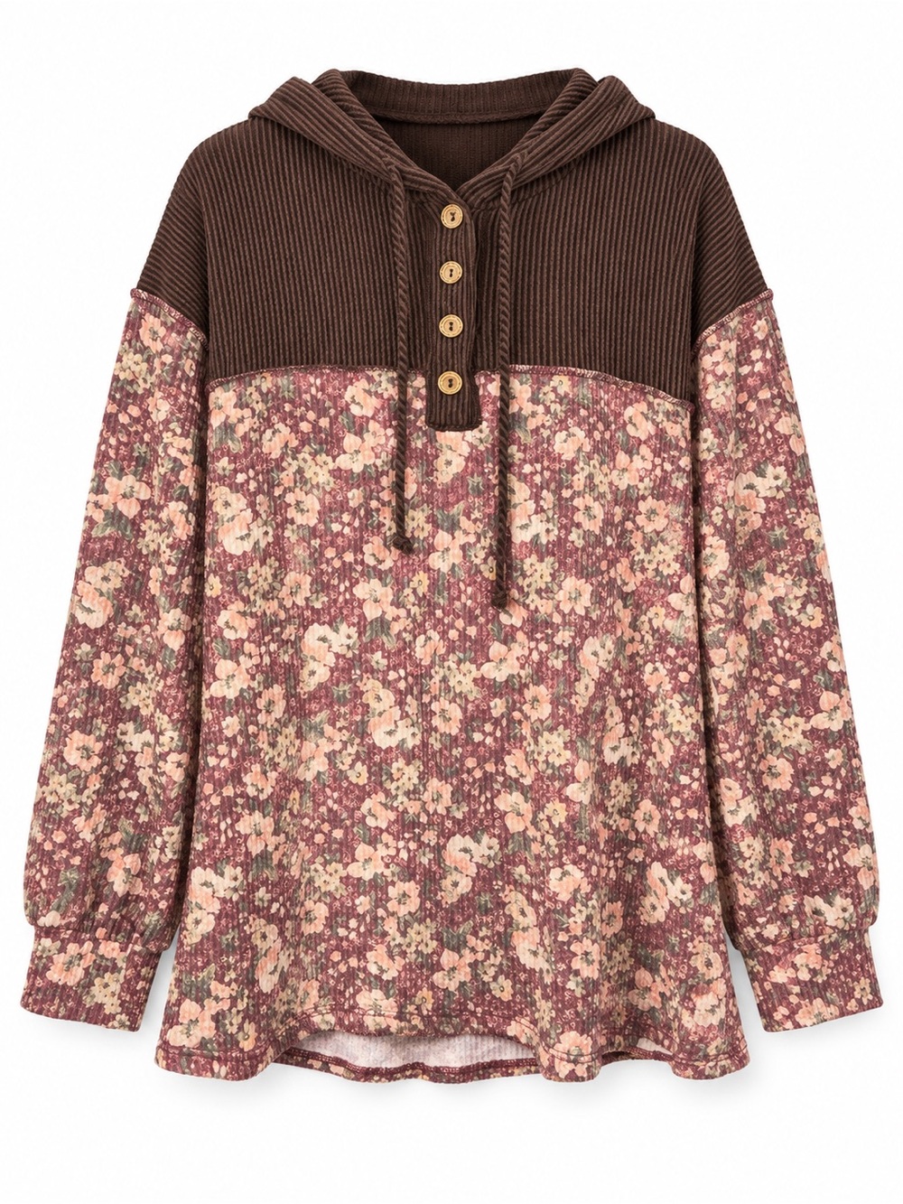 Hemish USA Floral Ribbed Henley Hoodie Brown Burgundy Small NWOT